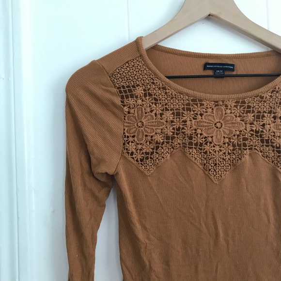American Eagle Outfitters Embroidered Crochet Brown Crop Top - Picture 8 of 9